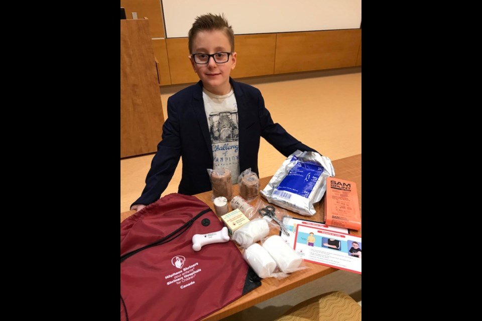 Former Estevan resident Carter Brown with the items that are included in the splint kit that he devised for the Shriner’s Hospital for Children in Montreal.