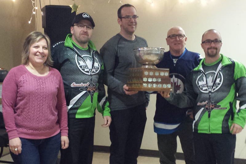 The Gillam foursome of skip Jared Schumann, third Trent Meston, second Andrew Briscoe and lead Al Meston won the A event at the Burntwood Curling Club’s men’s open bonspiel March 16-18.