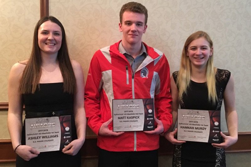 R.D. Parker Collegiate basketball players Ashley Williams, left, Matthew Kaspick, centre, and Hannah Murdy, right, were named to the female and male all-Manitoba all-star teams April 14, with both Williams and Murdy selected to the first female all-star team and Kaspick to the second male all-star team.