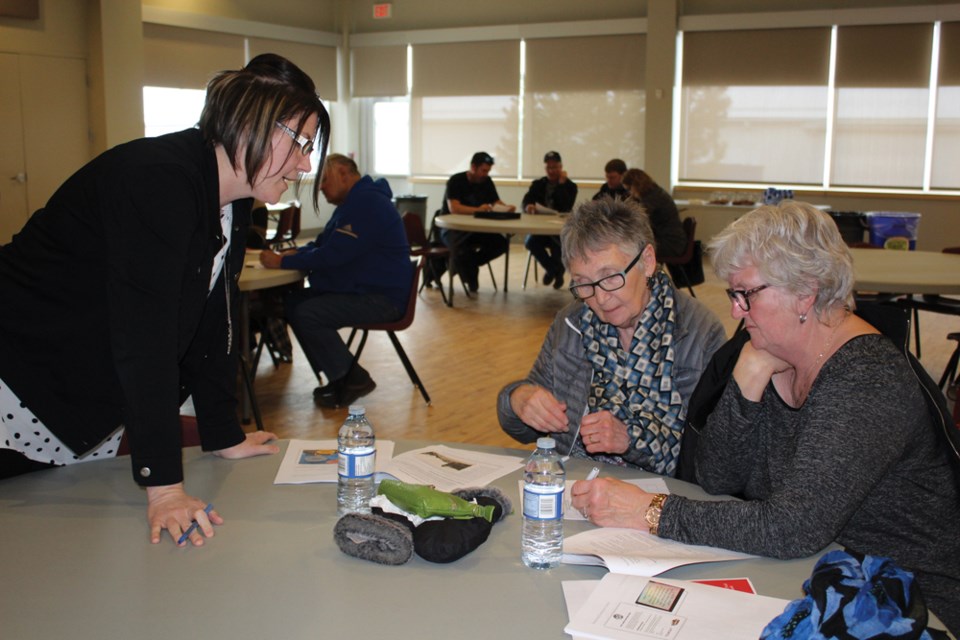 Virden’s Economic Development Manager (EDM) Liza Park helps attendees at the public meeting to choose their priorities for Virden’s future.