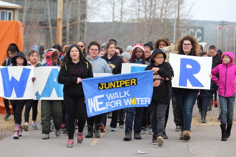Juniper School’s student council lead the charge during Thompson’s WE Walk for Water event on Friday, April 27. Photograph By KYLE DARBYSON.