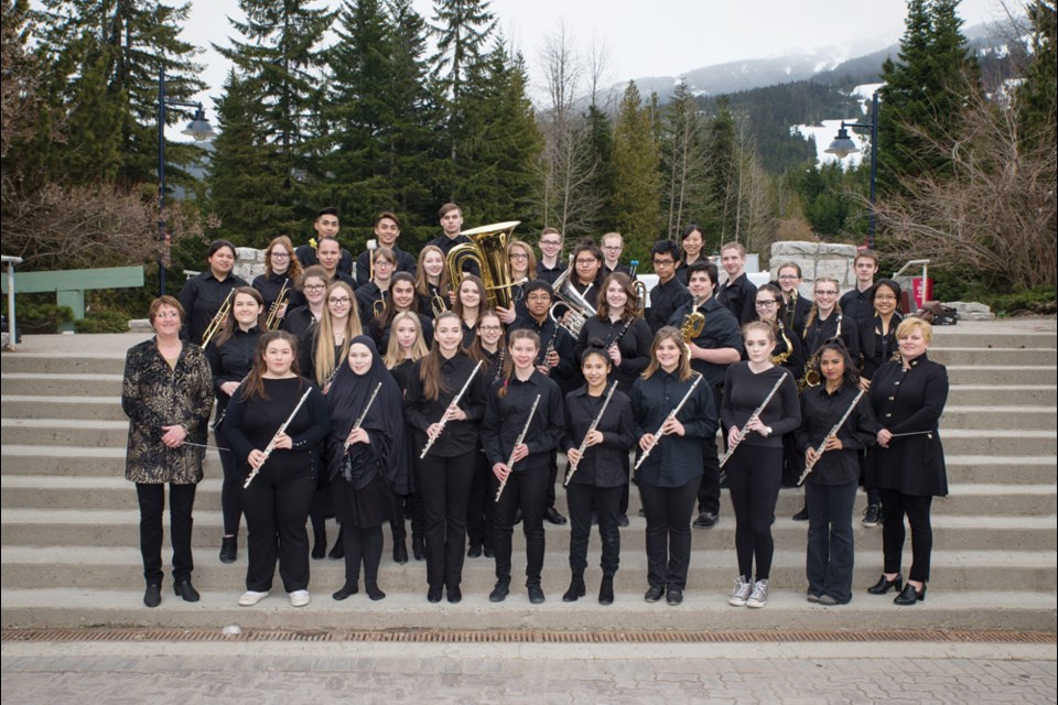 Fort La Bosse Band - 32 students from VCI and five students from Reston School – attending Whistler Con Brio Music Festival; pictured April 20 in Whistler Village on the steps near Whistler Mountain with Blackcomb Mountain in the background.
