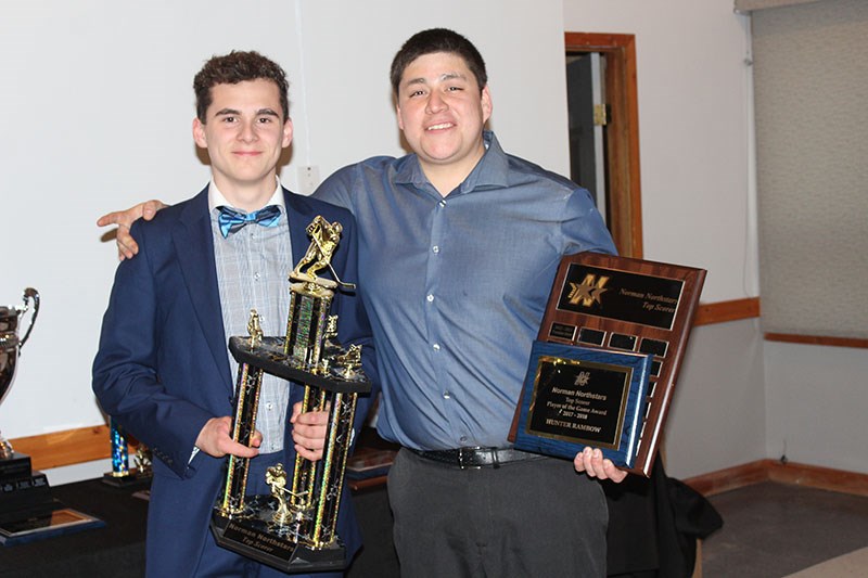 Norman Northstars captain Hunter Rambow (left) picked up three trophies during Saturday’s awards banquet, including offensive player of the game, top scorer and most valuable player.