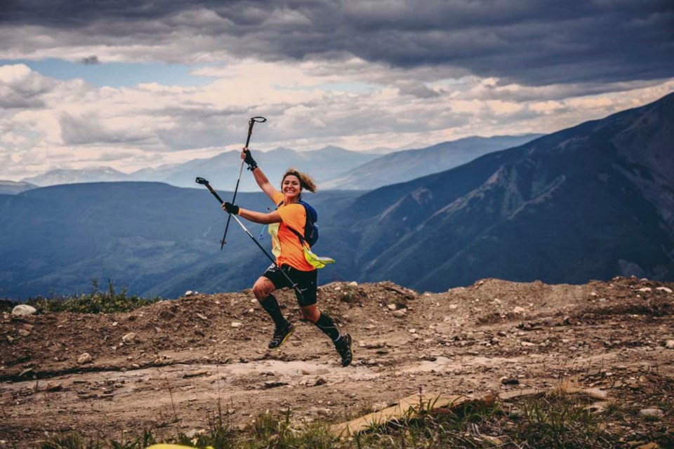 Cindy Branum ran the 24-hour, 125-km Canadian Death Race in Alberta. On the summit of Mount Grande, Branum jumps over a dirt pile in uphill terrain.