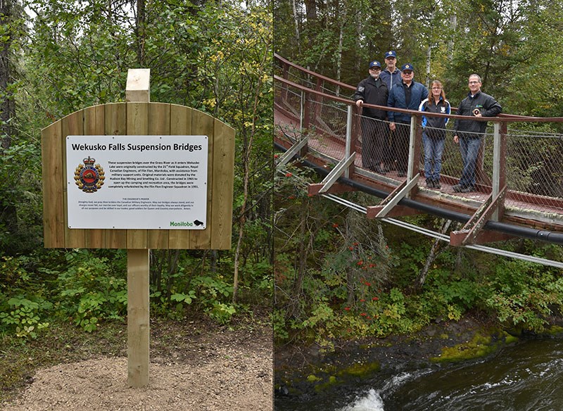 The new Wekusko Falls suspension bridge sign and attendees on bridge, from left to right, Father Paul Bringleson, retired Maj. Morley Naylor, retired Lt.-Col. Frank Gira, park supervisor Jackie Jones, and district parks supervisor Rodney Forbes.