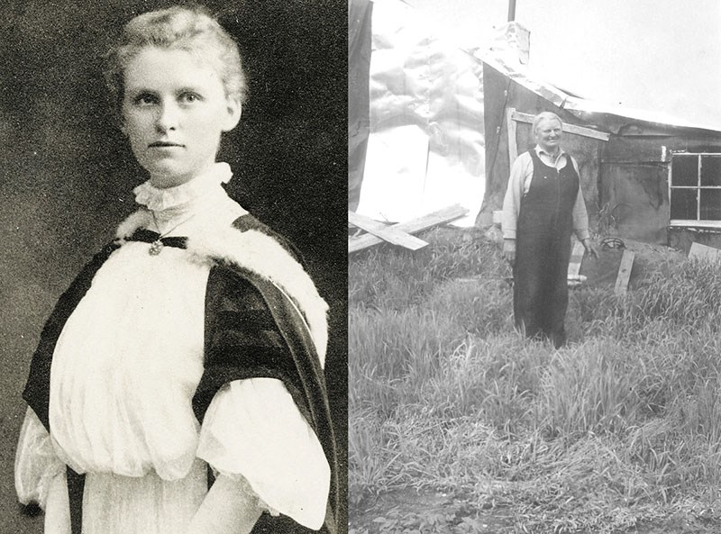 Left: Kate Rice at her graduation from the University of Toronto in 1906. Right: At her island home