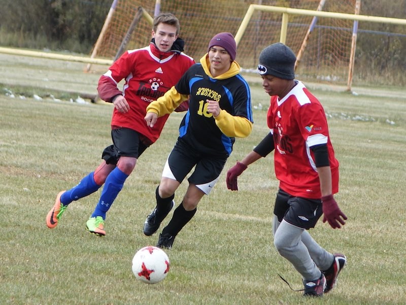 Kyle Tomchuk, left, had six goals in four games for the R.D. Parker Collegiate boys’ soccer team as
