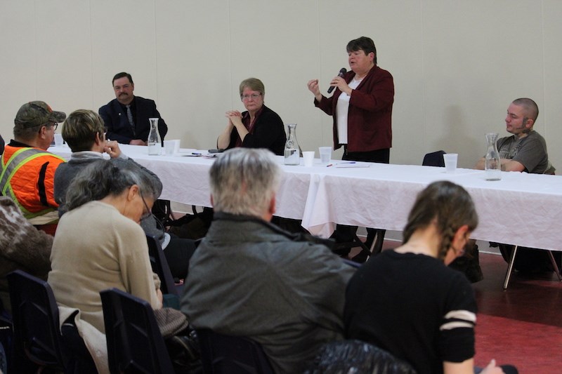 From left to right, candidates Ron Matechuk, Penny Byer, Colleen Smook and Ryan Brady present their closing arguments during a Oct. 17 mayoral forum at the Ma-Mow-We-Tak Friendship Centre.