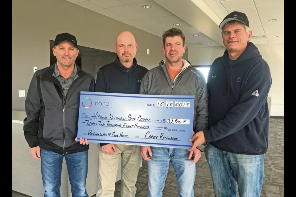 Corex Resources is donating $32,800 to Virden Wellview Golf Course for their new clubhouse building; (l-r) Joe Gutenberg (Foreman - Corex Resources), President of Wellview Golf Club Graham Freeman, Golf Course Manager Jason Routledge and Doug Wright (Lead Operator - Corex Resources).