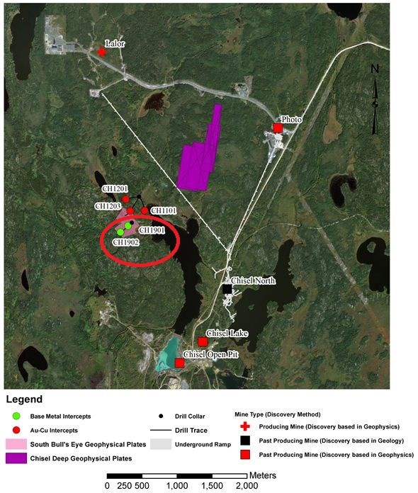 Hudbay graphic showing the two new discovery holes (red circle) and their proximity to the Lalor and