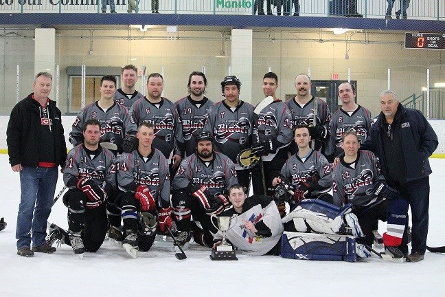 The City Slickers celebrate clinching first place in the 2019 United Steelworkers Local 6166 hockey tournament. The city team beat the T-1 Timberdogs in a rematch of last year’s final.
