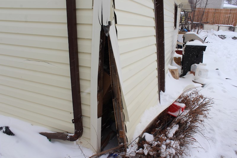 A snapshot of a Trout Avenue resident’s garage on April 2. The homeowner said this damaged was cause by an explosion that also set his backyard ablaze March 8.