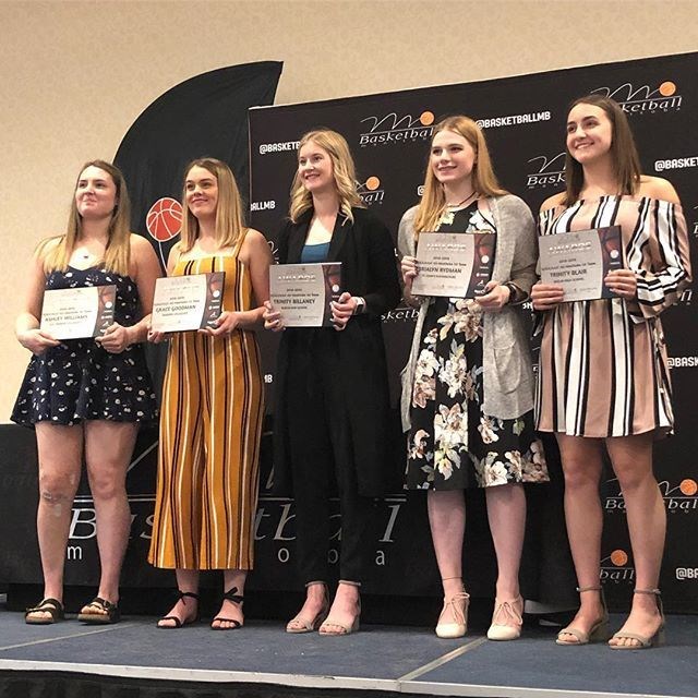 R.D. Parker Collegiate’s Ashley Williams, left, with the other members of Basketball Manitoba’s A/AA/AAA first female all-Manitoba team.