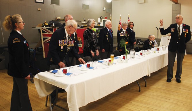 At the Royal Canadian Legion banquet to honour veterans and first responders on April 13, head table guests as pictured, (l-r) Legion Auxiliary President Chris Dunning, WW II Veteran and Knight of the French Order Jack Houston of Kenton, RCL Zone Commander Mike Ramsden, Norma Tibbits-Fefchak escort to WO John Fefchak (retired), District Commander Joan Wright, Legion President Shea Apland, WW II Veteran and Knight Les Downing and Mrs. Downing, with Kel Smith as Sgt. at Arms.