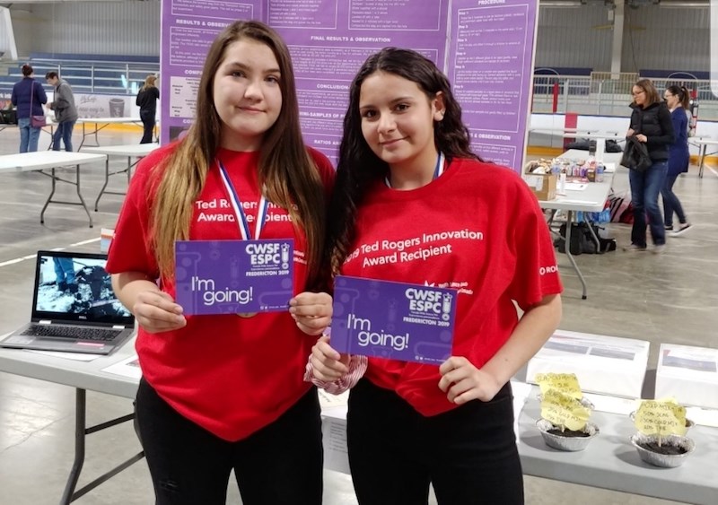 École Riverside School’s Samara Green (left) and Anaya Permanand (right) won the chance to attend this year’s Canada-Wide Science Fair after presenting their project “Is it Possible to Repurpose Slag from the Nickel Mining Industry?” at the 2019 Northern Manitoba Regional Science Fair in The Pas April 12-13.