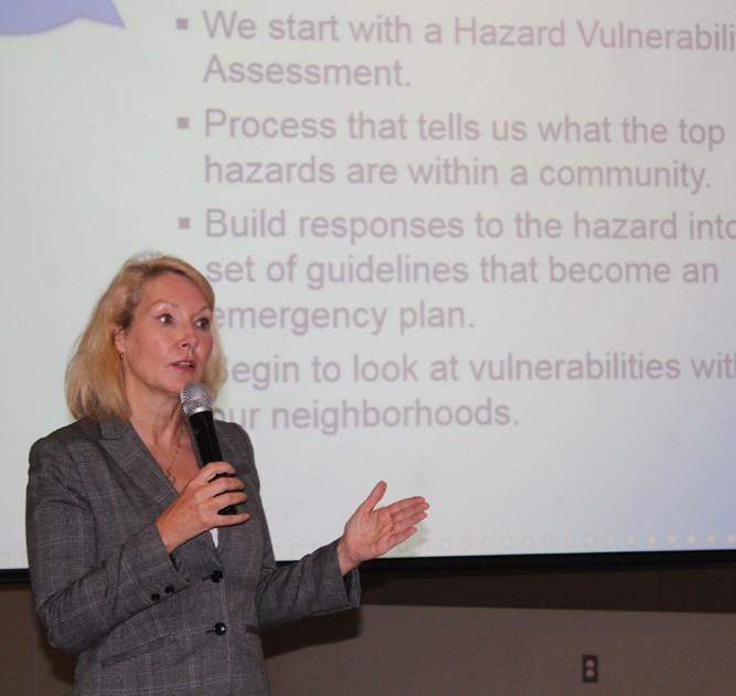 Shelly Napier explaining potential hazards within the Virden/Wallace-Woodworth areas, and the need for a body of volunteers organized under WEG.