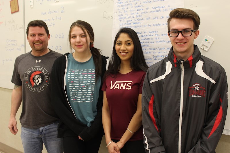 From left to right, R.D. Parker Collegiate teacher Michael Thorbourne and students Serenity Katchmar (Grade 11), Rishwan Dherdi (Grade 12) and Kyle Tomchuk (Grade 12) attended a youth forum on May 3 where they got to voice their opinions as part of the provincial government’s ongoing kindergarten to Grade 12 education review.