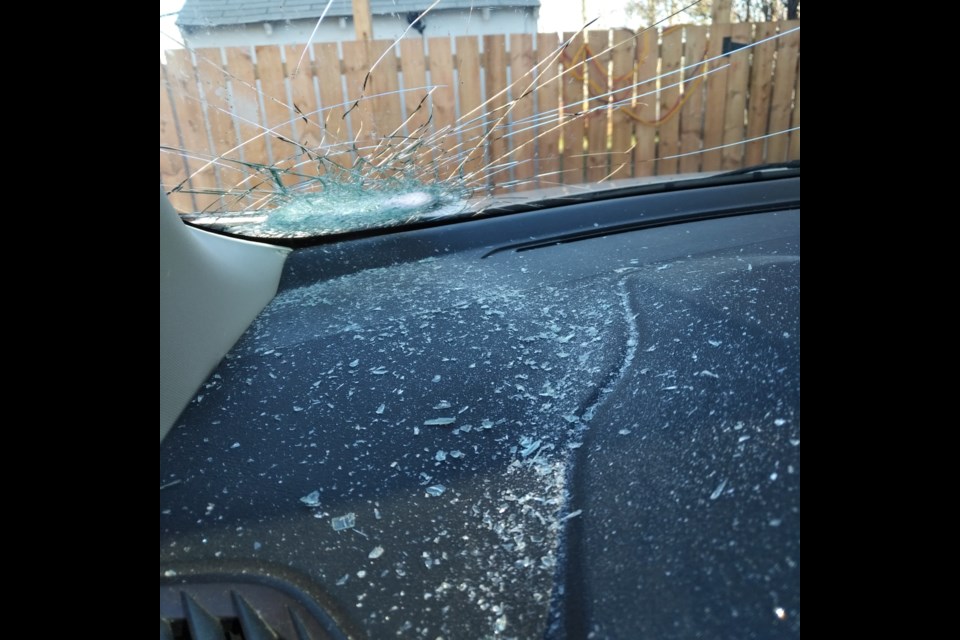 A Thompson resident had her windshield smashed May 28 when someone threw a large rock onto her car while she was driving on the 70-kilometre-per-hour stretch of Mystery Lake Road.