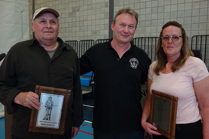 From left to right, Honorary Driller Merv Sterzuk, United Steelworkers Local 6166 president and Hono