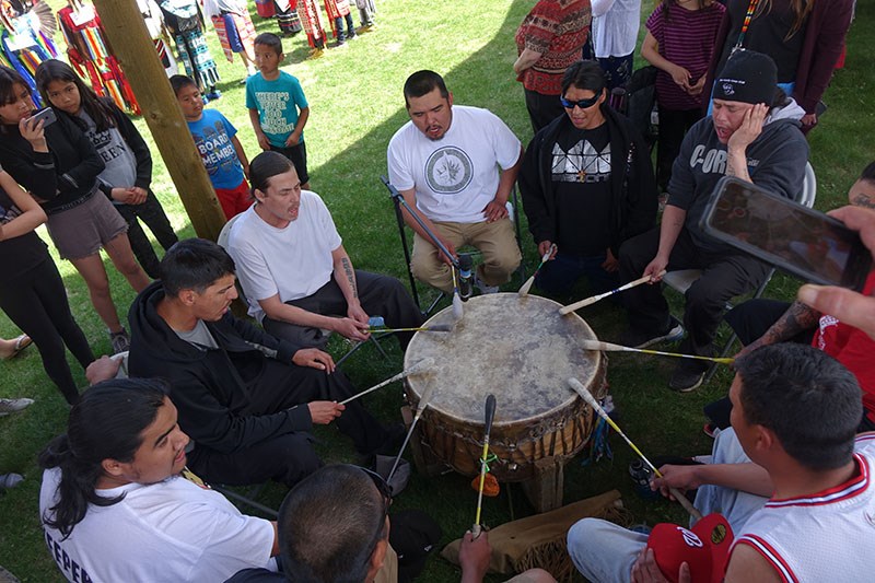Drummers perform during the Leslie W. Turner Traditional Powwow honouring University College of the North graduates June 15.