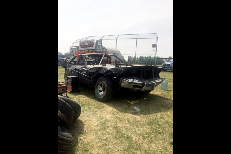 Kris Hay's car after taking a beating at the Party in the Pasture Demolition Derby in St. Walburg, Saskatchewan.