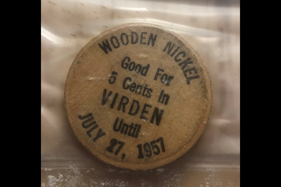 A Virden wooden nickel, circa 1957.