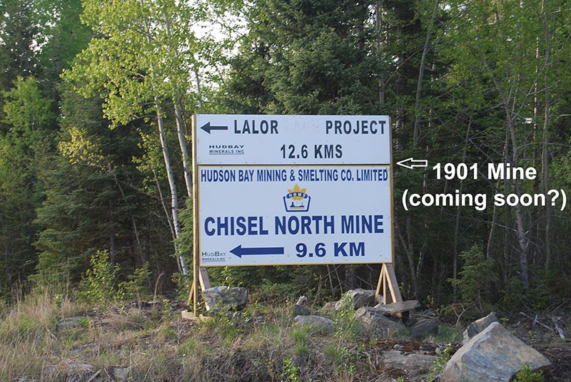 The Lalor/Chisel North Mines sign on Provincial Trunk Highway 392. Could it soon have the words in w