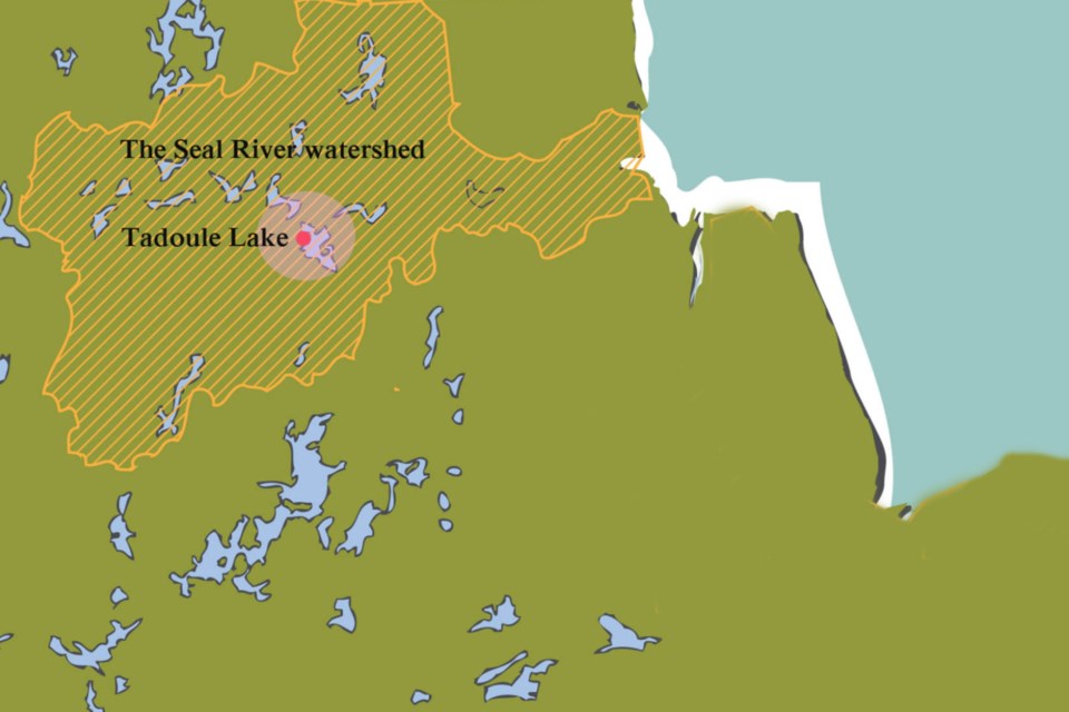 A map showing the extent of the Seal River watershed around Tadoule Lake in Northern Manitoba, close