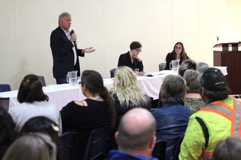 From left to right, provincial candidates Kelly Bindle (Progressive Conservatives), Meagan Jemmett (Green Party) and Danielle Adams (NDP) answer audience questions during a Sept. 4 public forum at the Ma-Mow-We-Tak Friendship Centre in Thompson.