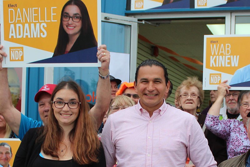 Manitoba NDP leader Wab Kinew with Thompson NDP candidate Danielle Adams at her campaign headquarter