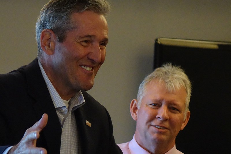 Progressive Conservative leader Brian Pallister and Thompson PC candidate Kelly Bindle in Thompson A