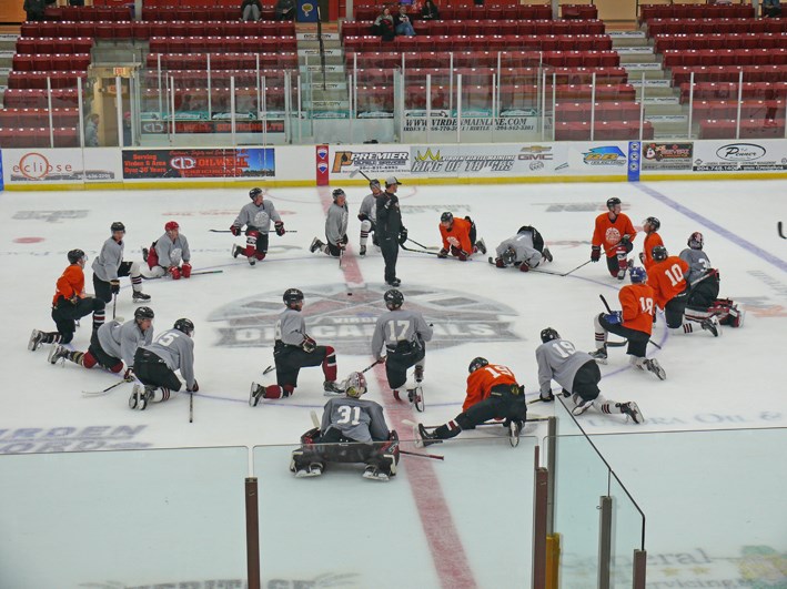 Returning Oil Caps players on the ice at fall training camp in Virden last Saturday