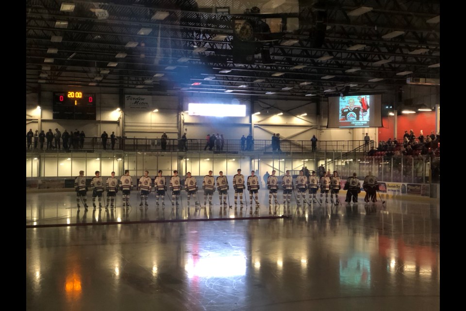 Oil Capitals veterans and rookies line up on TOGP ice for their introduction to Virden fans and a new season of MJHL hockey.