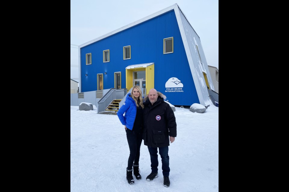 Polar Bears International ambassador Kate Upton and Canada Goose CEO Dani Reiss, a PBI board member, outside the new Polar Bears International House in Churchill. Reiss donated $1 million to help build the facility.