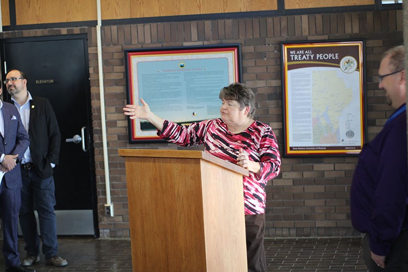 Thompson Mayor Colleen Smook speaks Feb. 25 at a press conference about a new training program that