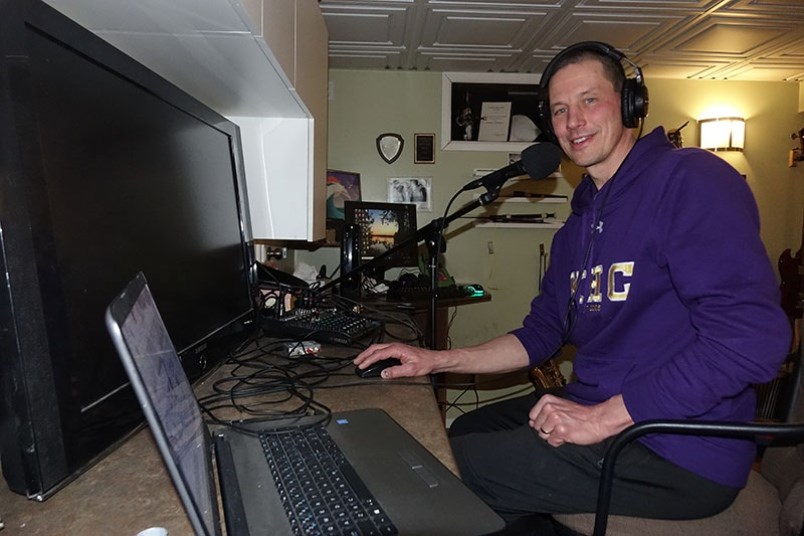 Bruce Krentz of the Thompson Snow Day Podcast in his makeshift audio studio in the spring of 2018. T