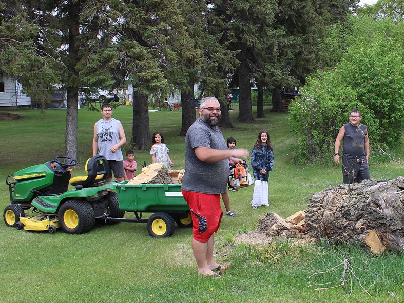 In Kenton a giant old maple tree had outlived its function of beauty and shade, so Ryan Schellenberg, with his big boys Ethan and Kobe to help and an army of interested onlookers, decided to turn it into fire pit fuel on May 26.