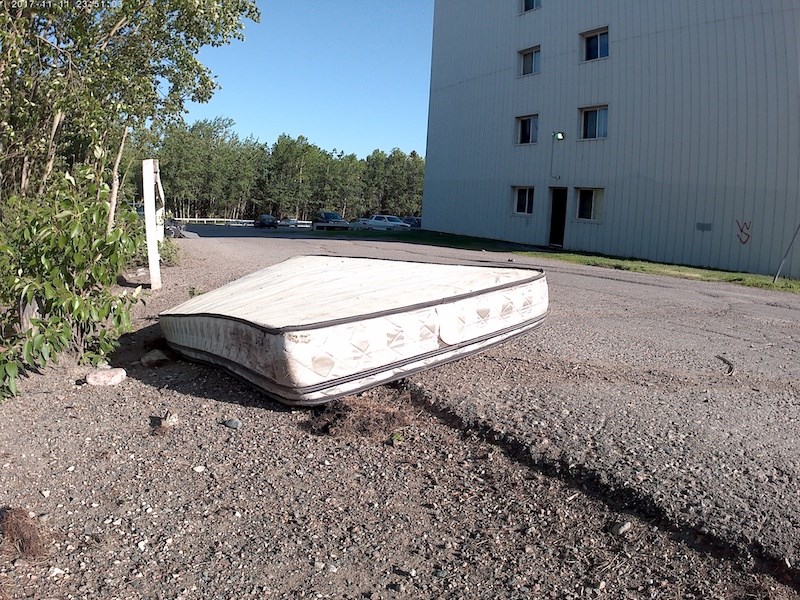 An improperly disposed of mattress at the edge of the Forest View Suites south building driveway on
