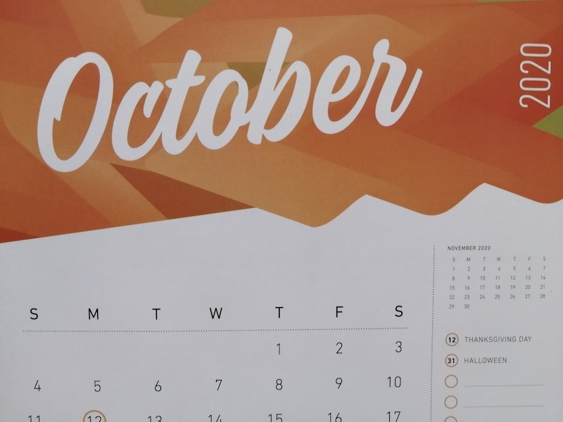 october 2020 calendar page