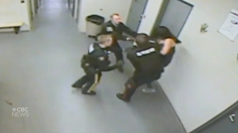 Surveillance video from the Thompson RCMP detachment shows a City of Thompson community safety offic