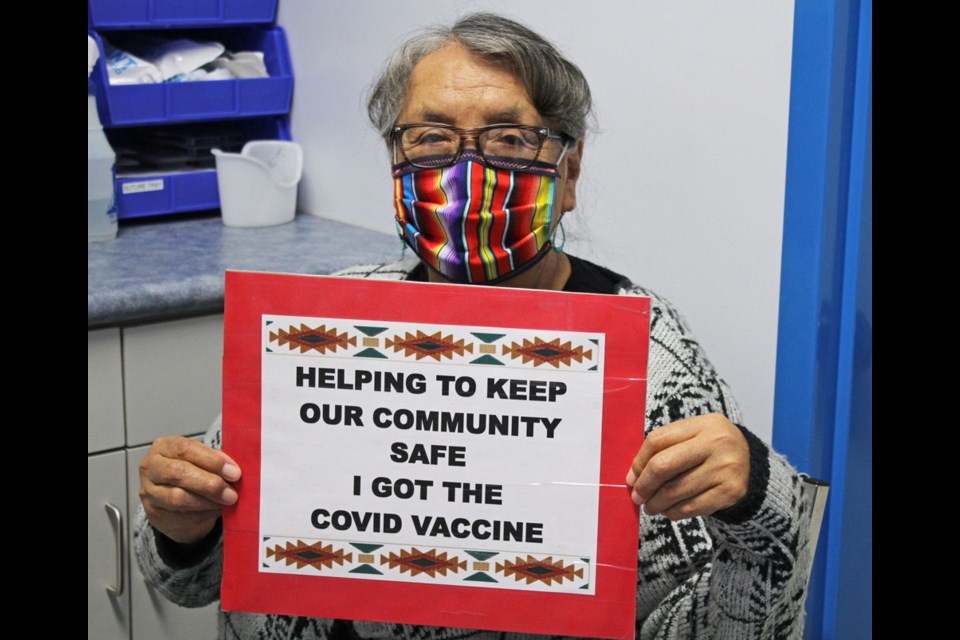 Gloria Eastman, one of the first residents of Canupasakpa Dakota Nation to be vaccinated against COVID-19, Wednesday, Jan. 20.