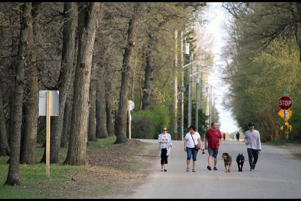 Families stroll at Oak Lake Beach in the quiet evening of early spring.