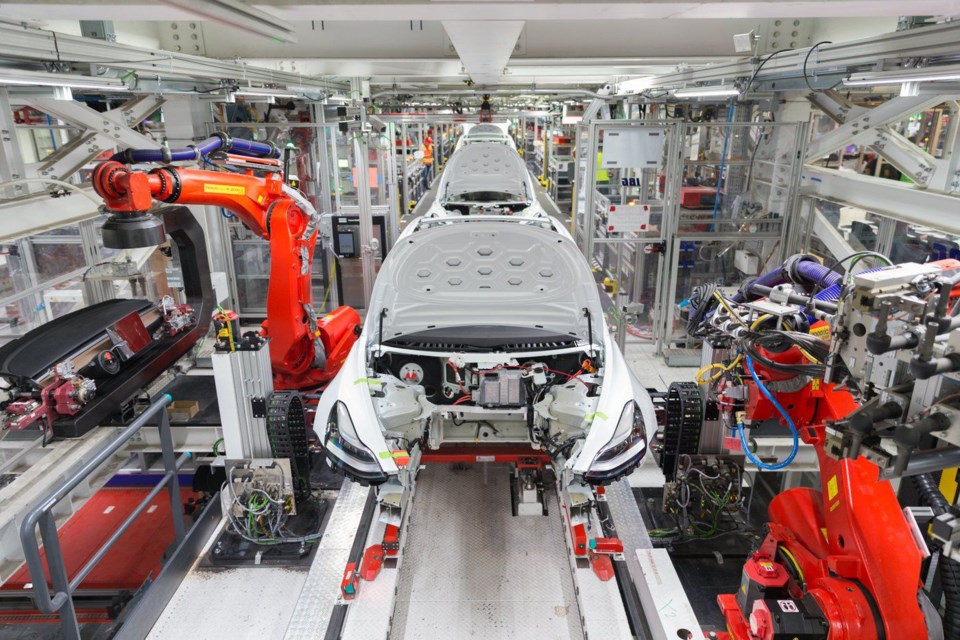 Assembly line at Tesla factory in California.