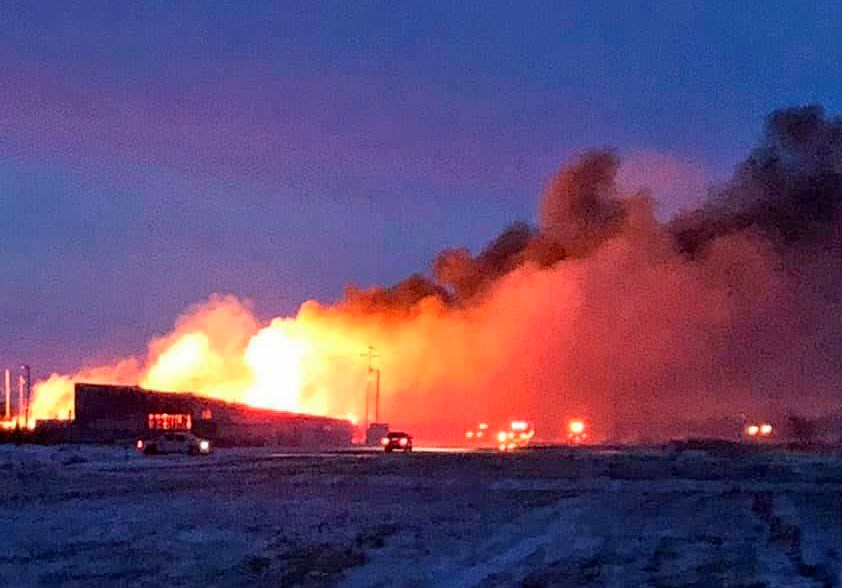 Pipestone Livestock Sales facility is ablaze Monday evening.