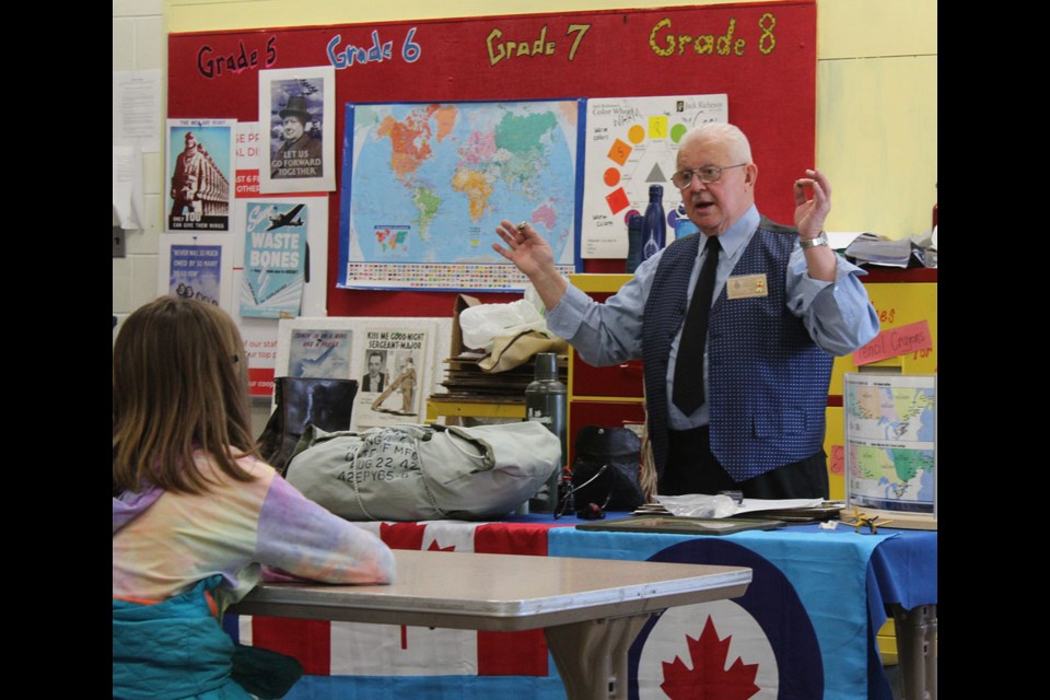 Ed James of Elkhorn, a retired teacher and military historian presents WW Two experiences to Virden Junior High students this spring.