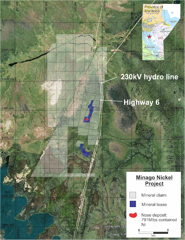 A map showing the location of the Minago nickel project, which was acquired by Silver Elephant Minin