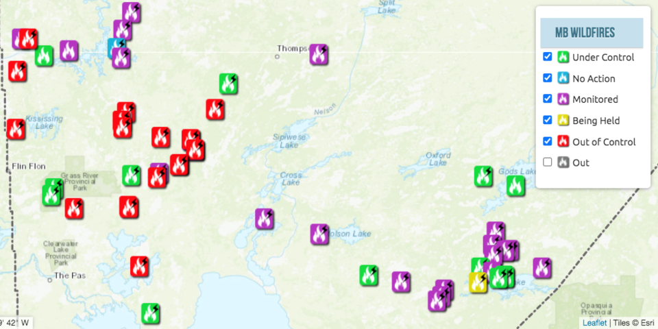 The provincial government’s wildfire map showed 50 fires burning north of Grand Rapids as of 6 p.m.