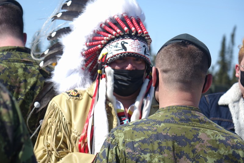 Manitoba Keewatinowi Okimakanak (MKO) Grand Chief Garrison Settee, seen here in May presenting token