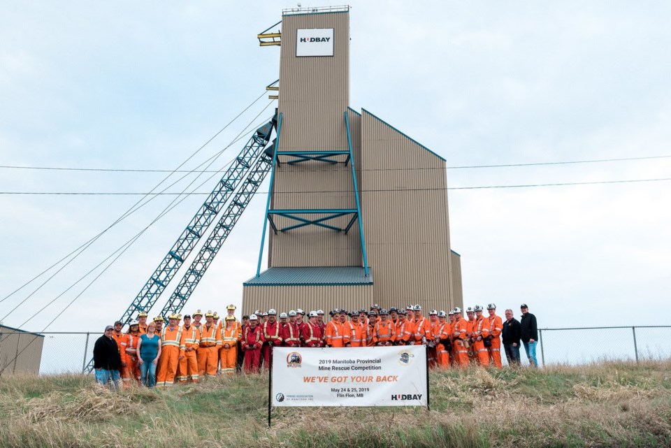 2019 Provincial Mine Rescue Competition participating teams pose together in Flin Flon.