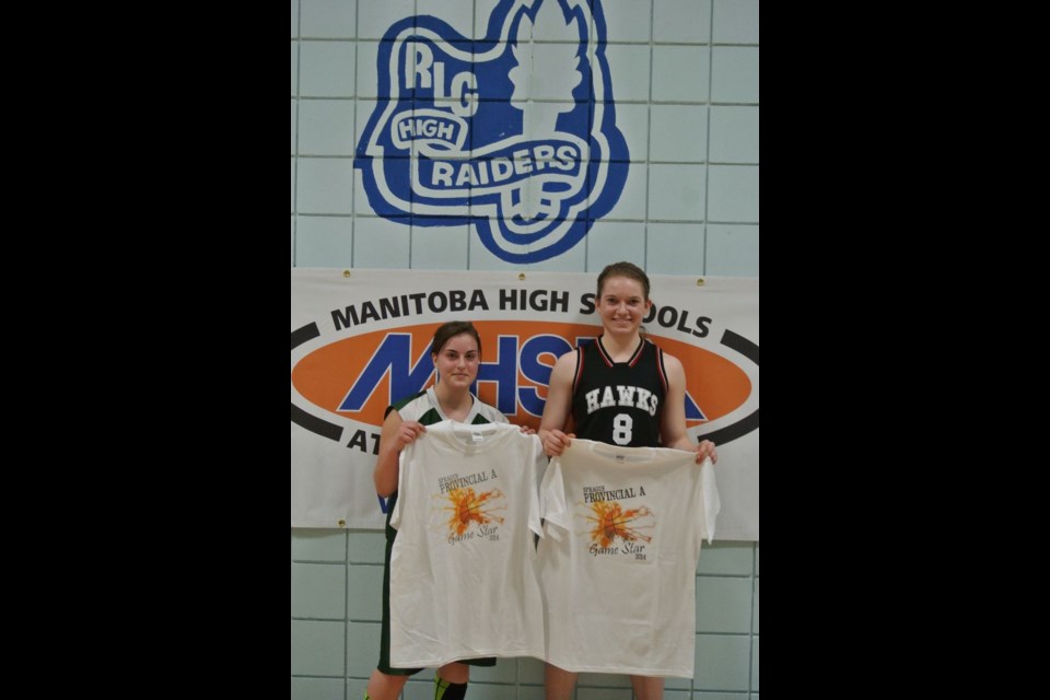 Churchill's Laura Wasylkowski, left, was the player of the game for the Duke of Marlborough Storm against the Rosenort Redhawks at the girls' A high school basketball provincials in Sprague March 20-22.